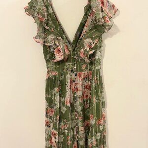 Hemant & Nandita Green Floral Maxi Dress | Ruffle V-Neck | Size S
